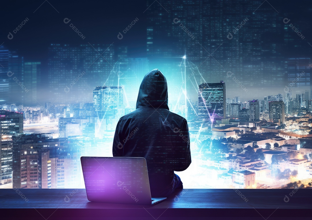 Homem hacker com máscara anônima usando laptop para hackear no prédio superior.