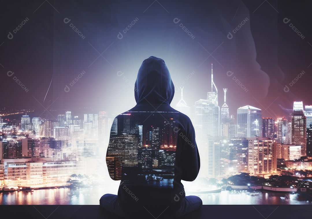 Homem hacker com máscara anônima usando laptop para hackear no prédio superior.