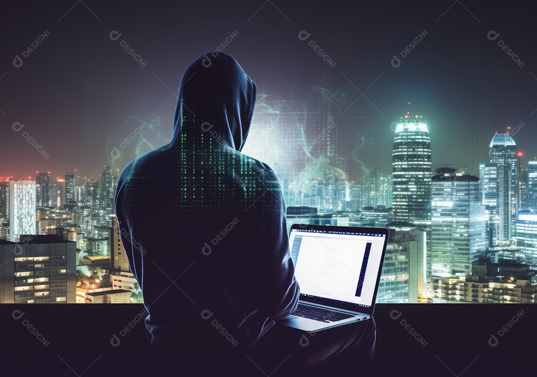 Homem hacker com máscara anônima usando laptop para hackear no prédio superior.