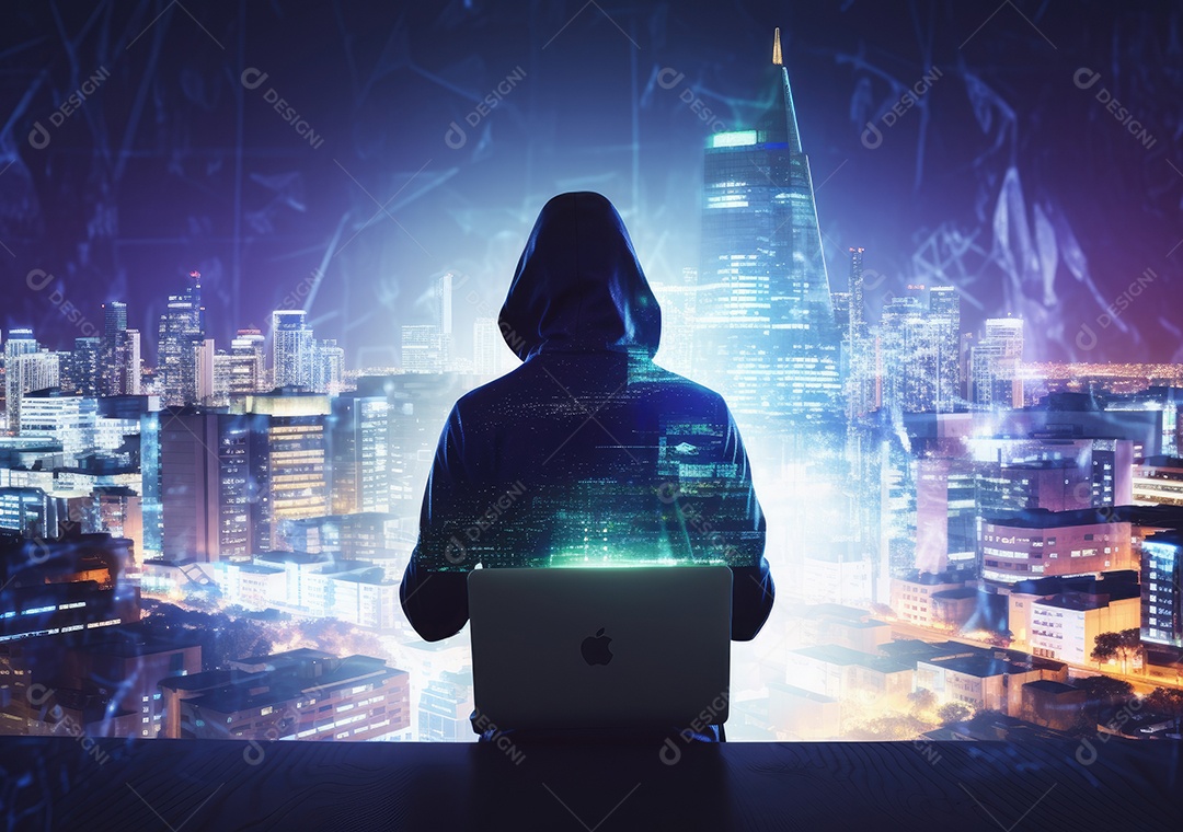 Homem hacker com máscara anônima usando laptop para hackear no prédio superior.