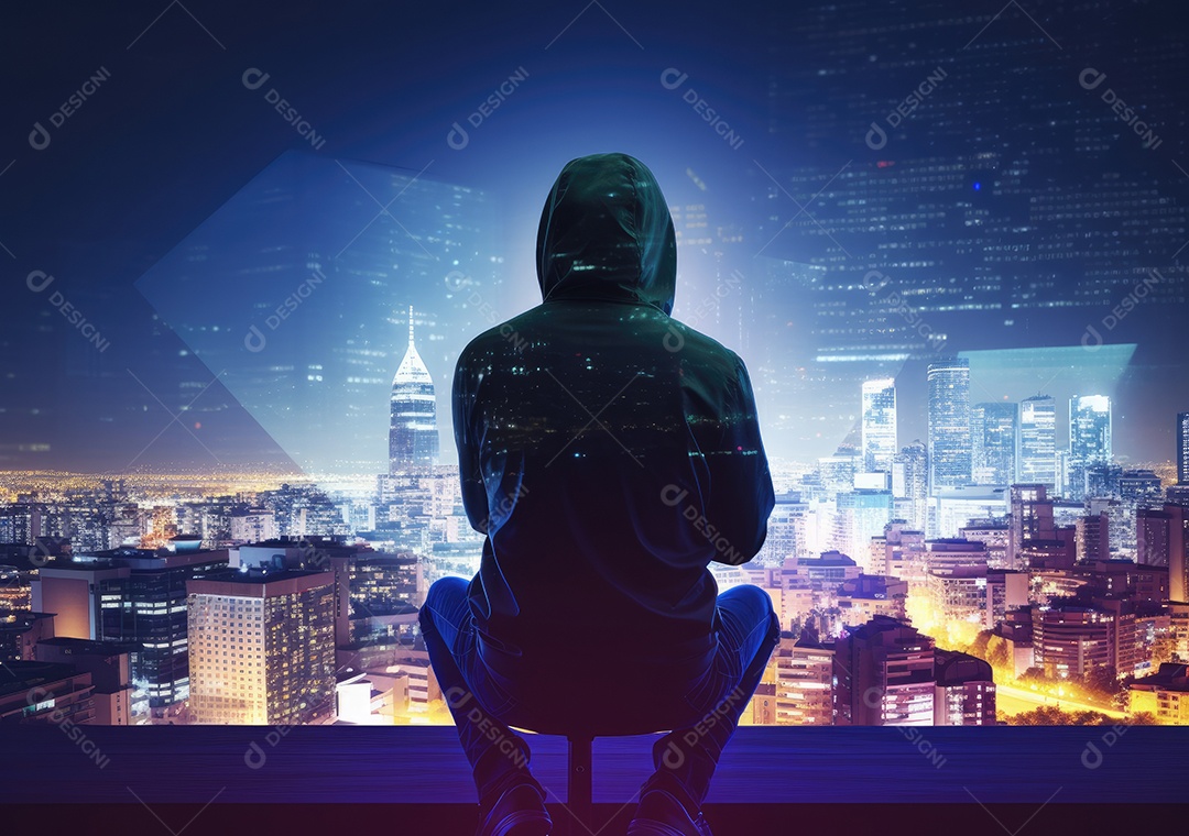 Homem hacker com máscara anônima usando laptop para hackear no prédio superior.