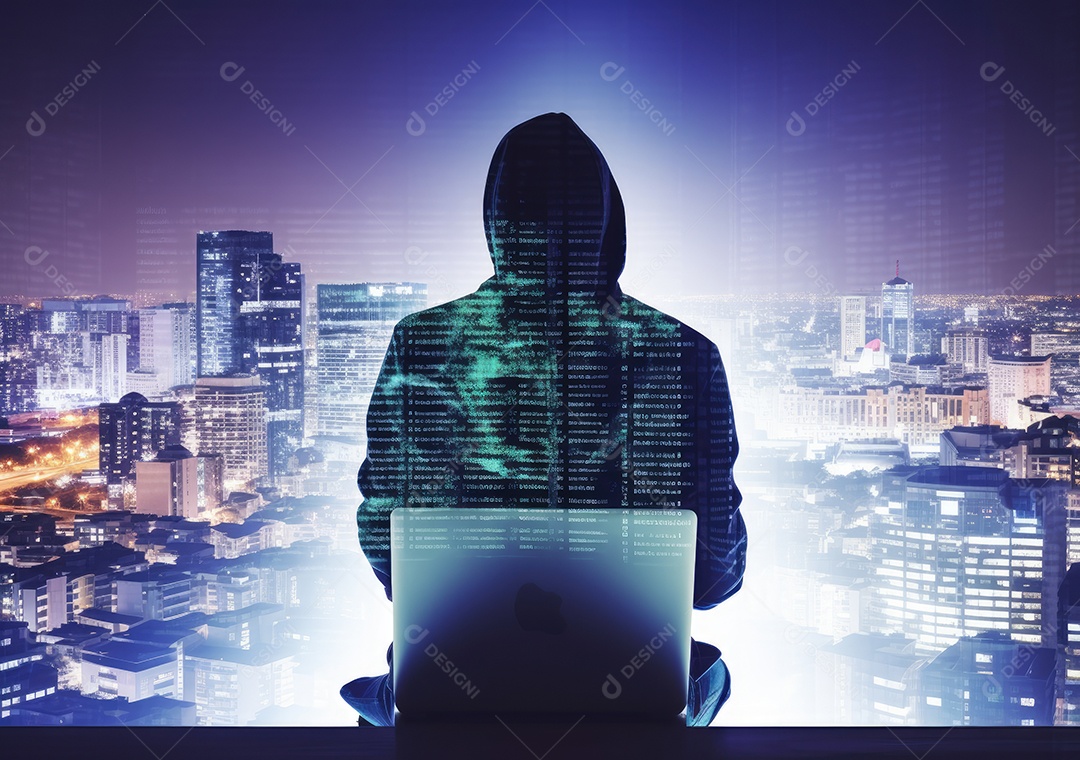 Homem hacker com máscara anônima usando laptop para hackear no prédio superior.