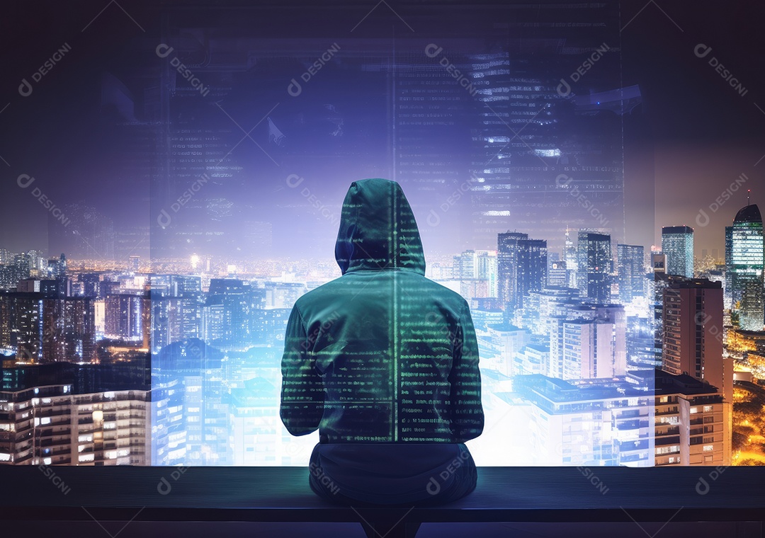 Homem hacker com máscara anônima usando laptop para hackear no prédio superior.