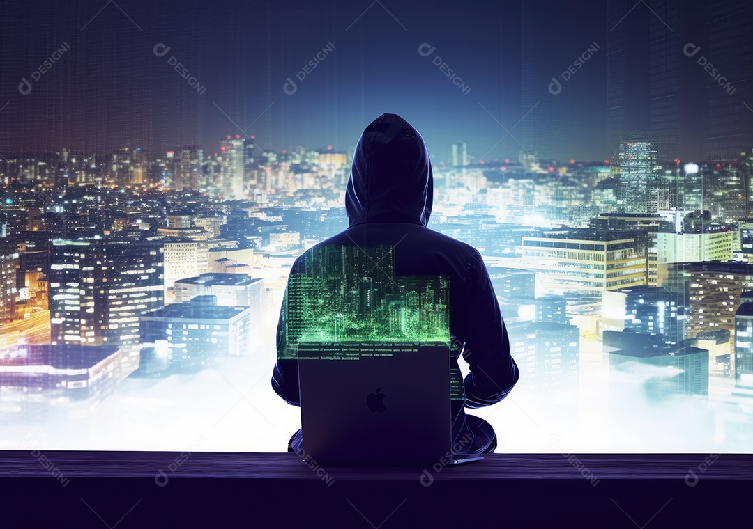 Homem hacker com máscara anônima usando laptop para hackear no prédio superior.