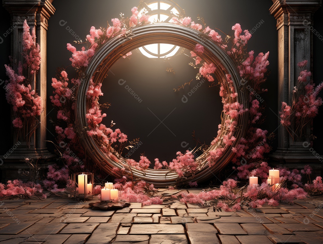 Cenários digitais de aro floral. ensaio fotográfico montado com adereço Flor e cenário de madeira