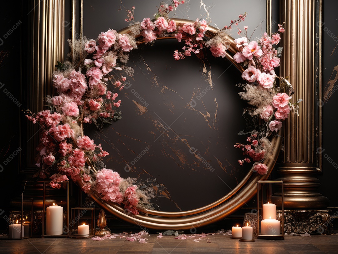 Cenários digitais de aro floral. ensaio fotográfico montado com adereço Flor e cenário de madeira