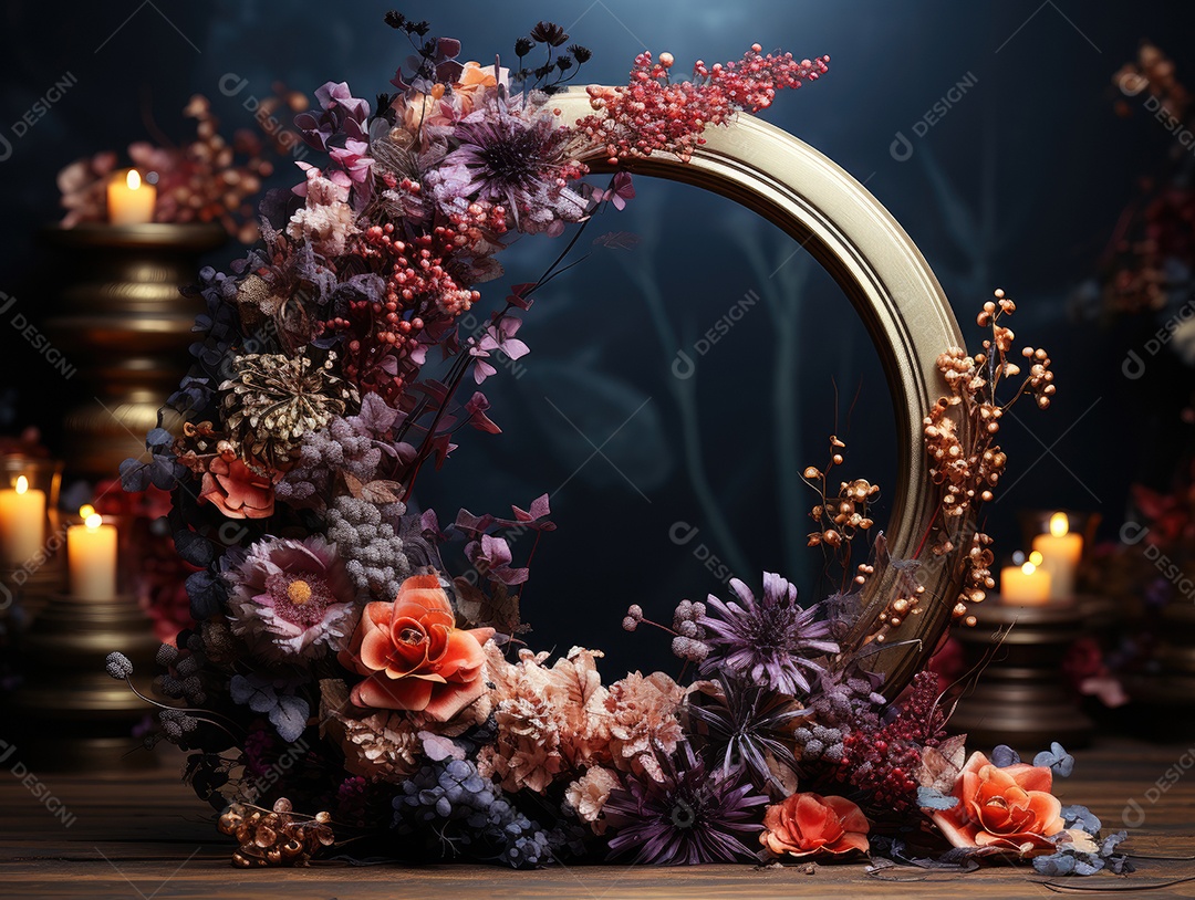 Cenários digitais de aro floral. ensaio fotográfico montado com adereço Flor e cenário de madeira