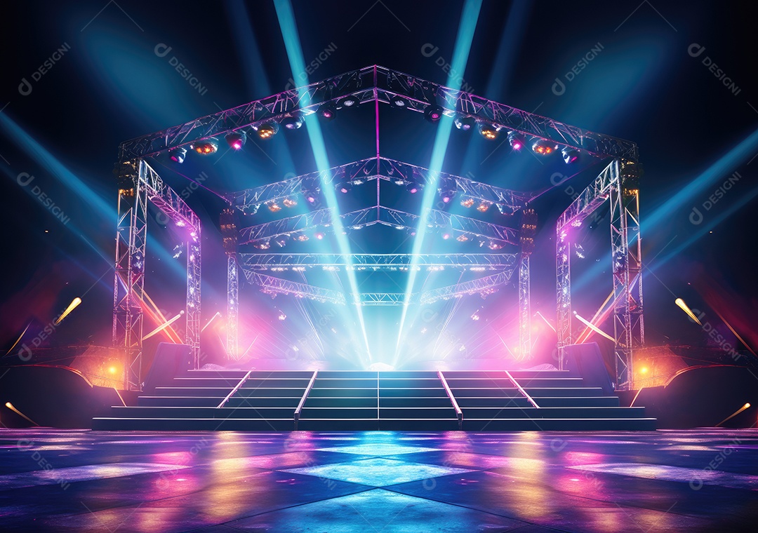 Palco livre com luzes, dispositivos de iluminação, holofotes brilhantes