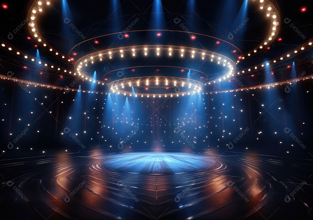 Palco livre com luzes, dispositivos de iluminação, holofotes brilhantes