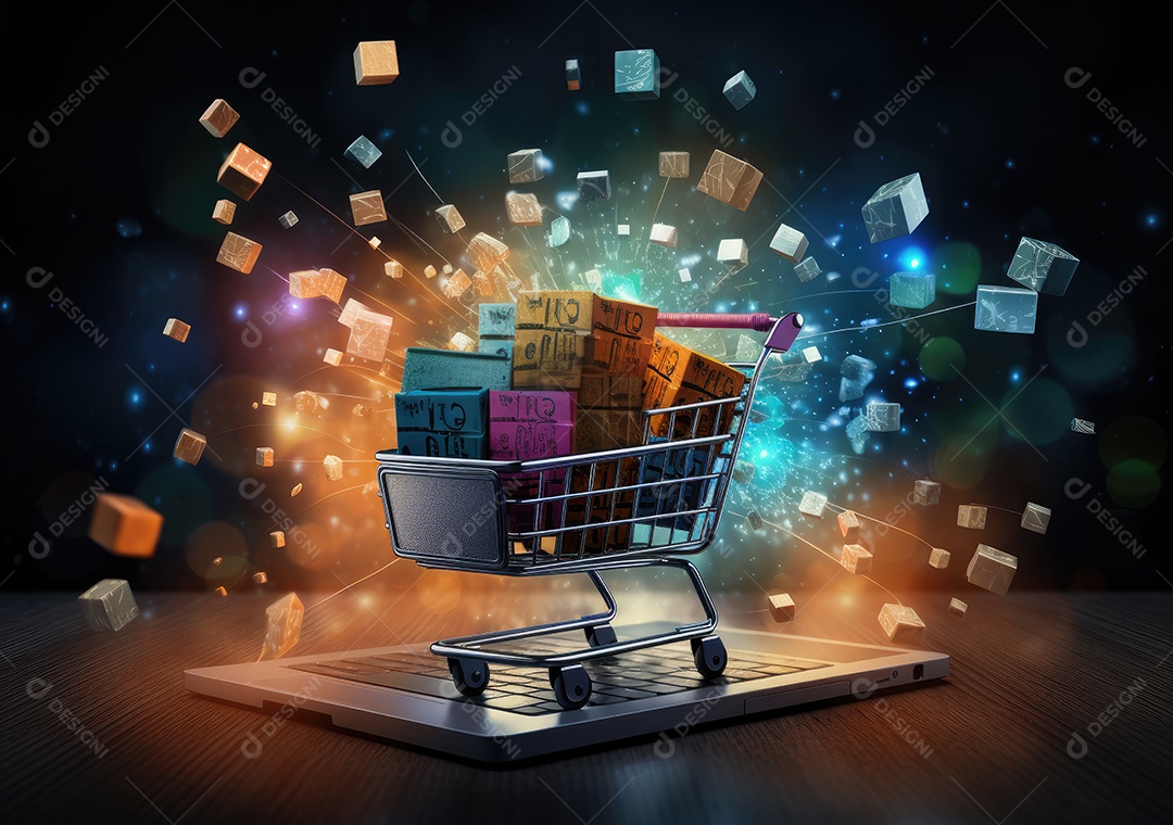 Conceito on-line Sopping. caixas e sacola de compras com tela de compras on-line do smartphone.