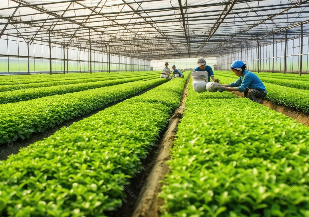 Agricultores de chá verde em estufa.