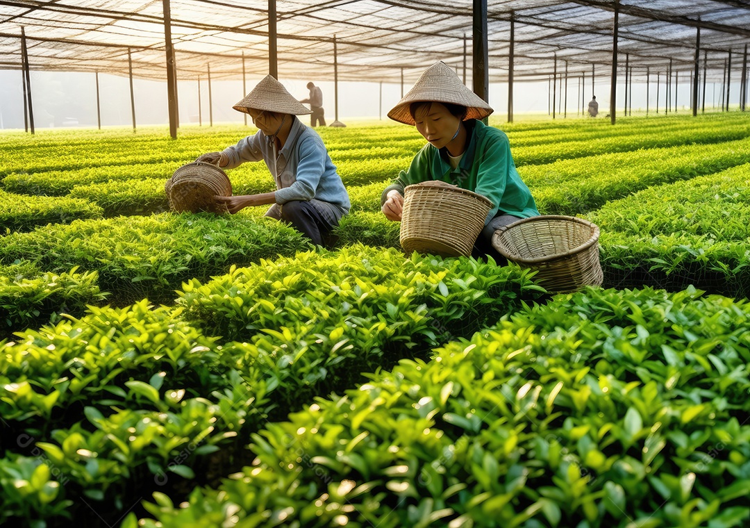 Agricultores de chá verde em estufa.