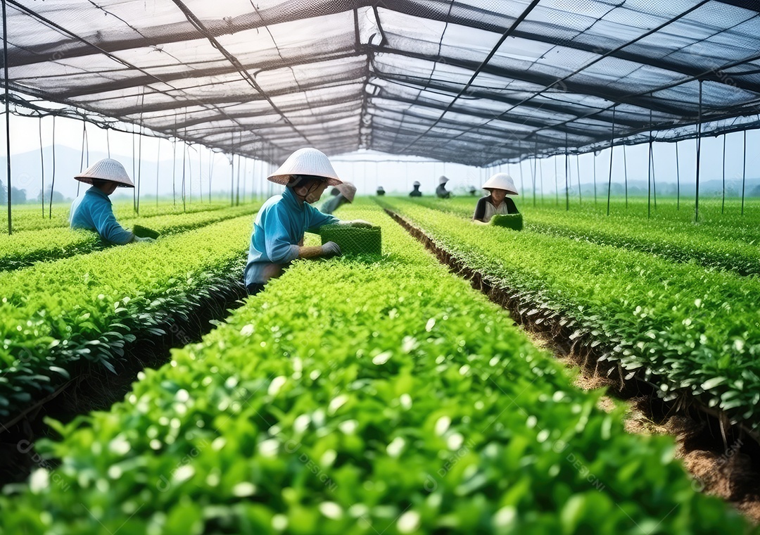 Agricultores de chá verde em estufa.