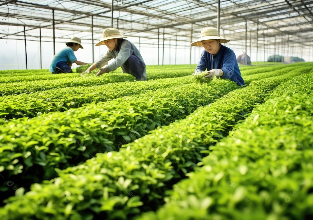 Agricultores de chá verde em estufa.