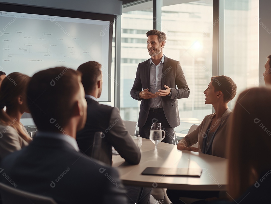 Apresentação de negócios, empresário fazendo uma apresentação no escritório