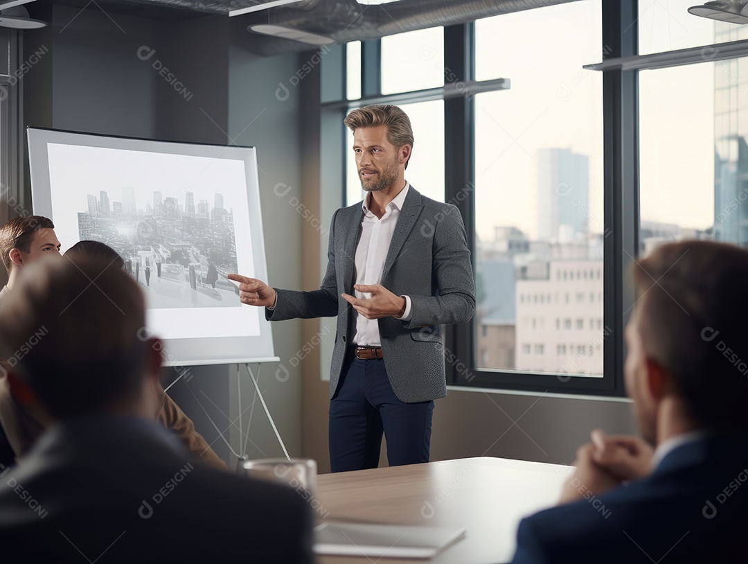 Apresentação de negócios, empresário fazendo uma apresentação no escritório