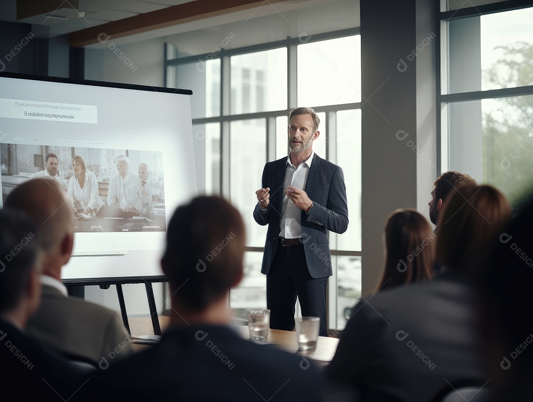 Apresentação de negócios, empresário fazendo uma apresentação no escritório