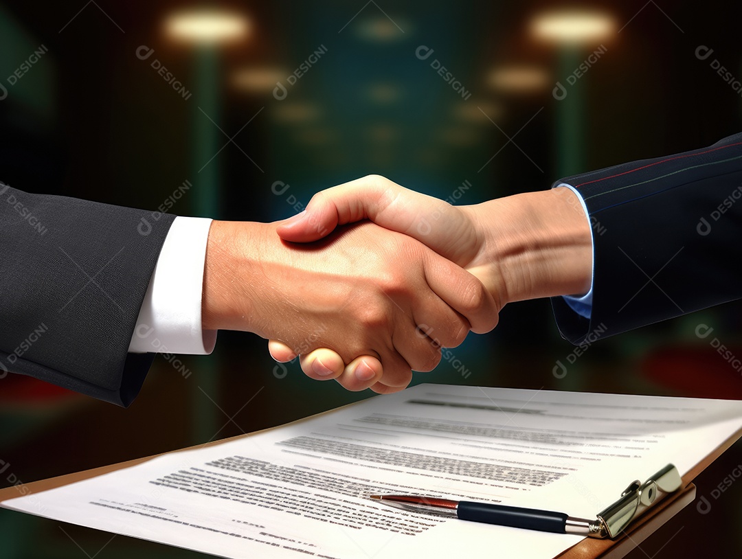 Dois empresários apertando as mãos com fundo de documento. negócio
