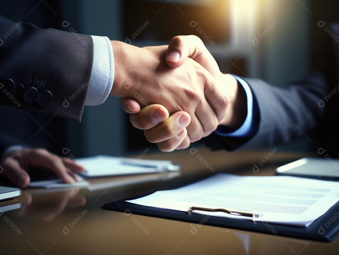 Dois empresários apertando as mãos com fundo de documento. negócio