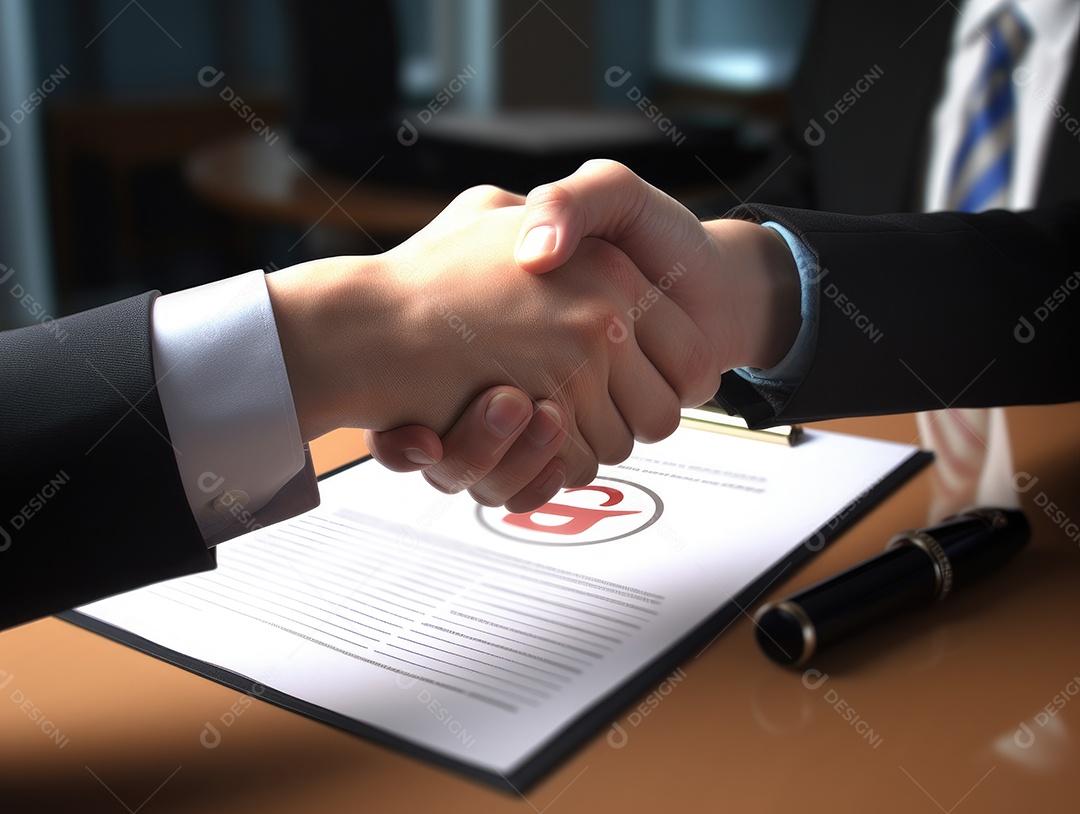 Dois empresários apertando as mãos com fundo de documento. negócio