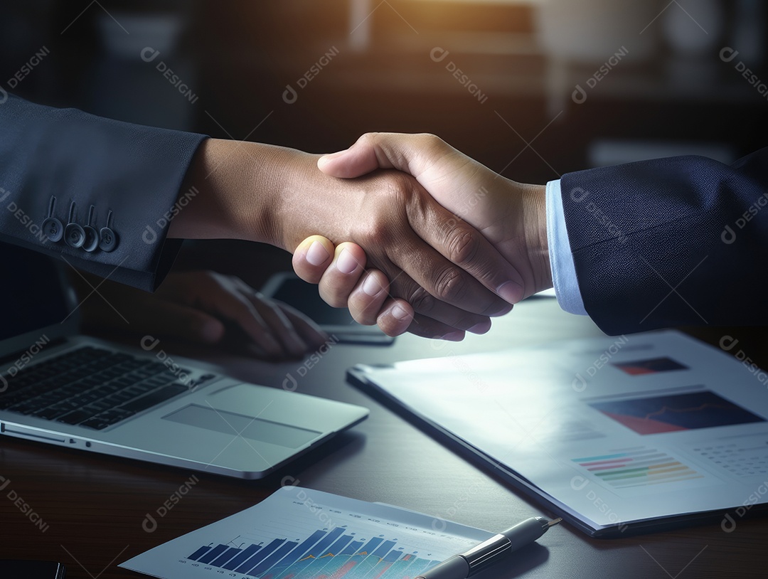 Dois empresários apertando as mãos com fundo de documento. negócio