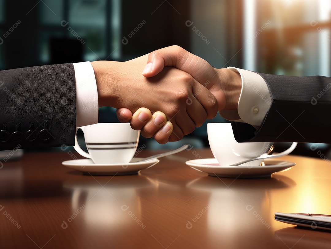 Dois empresários apertando as mãos com fundo de documento. negócio