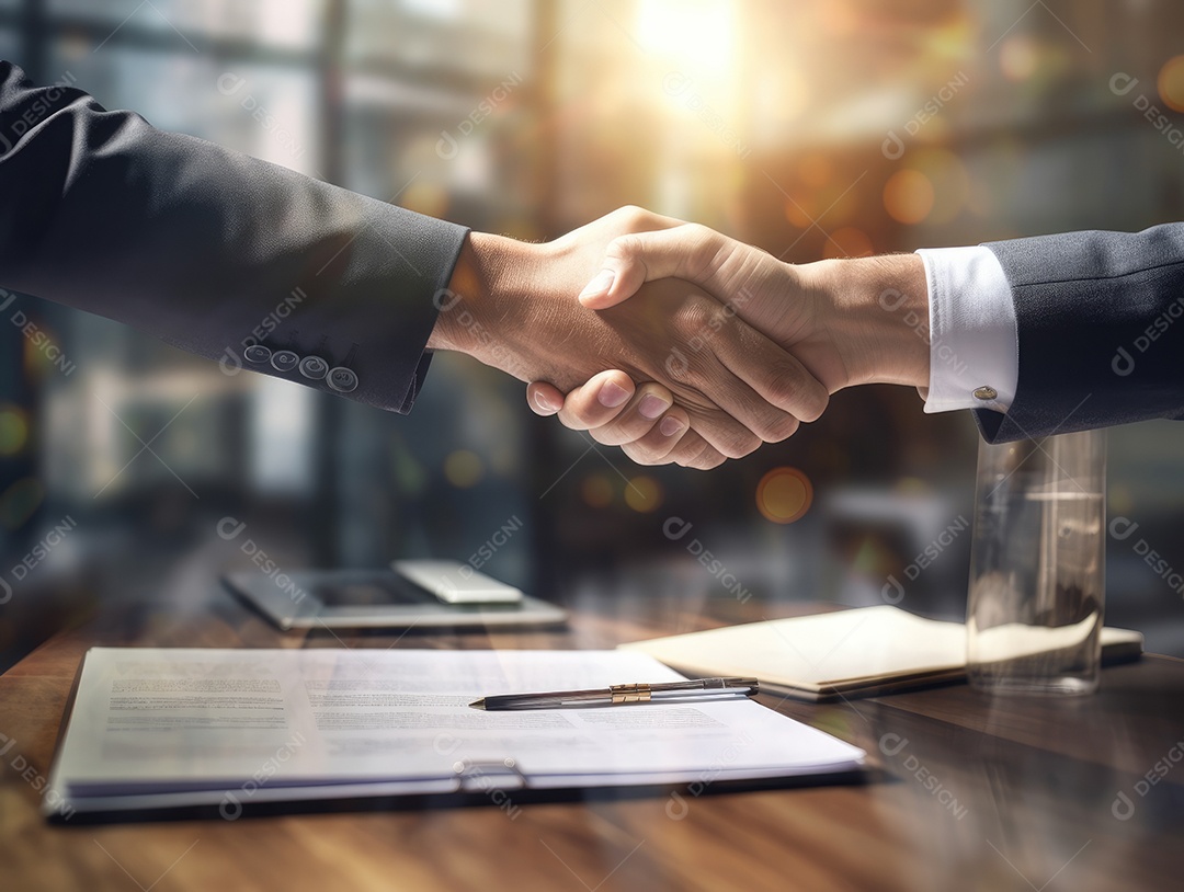 Dois empresários apertando as mãos com fundo de documento. negócio