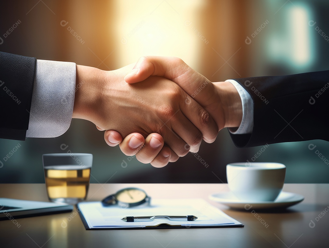 Dois empresários apertando as mãos com fundo de documento. negócio