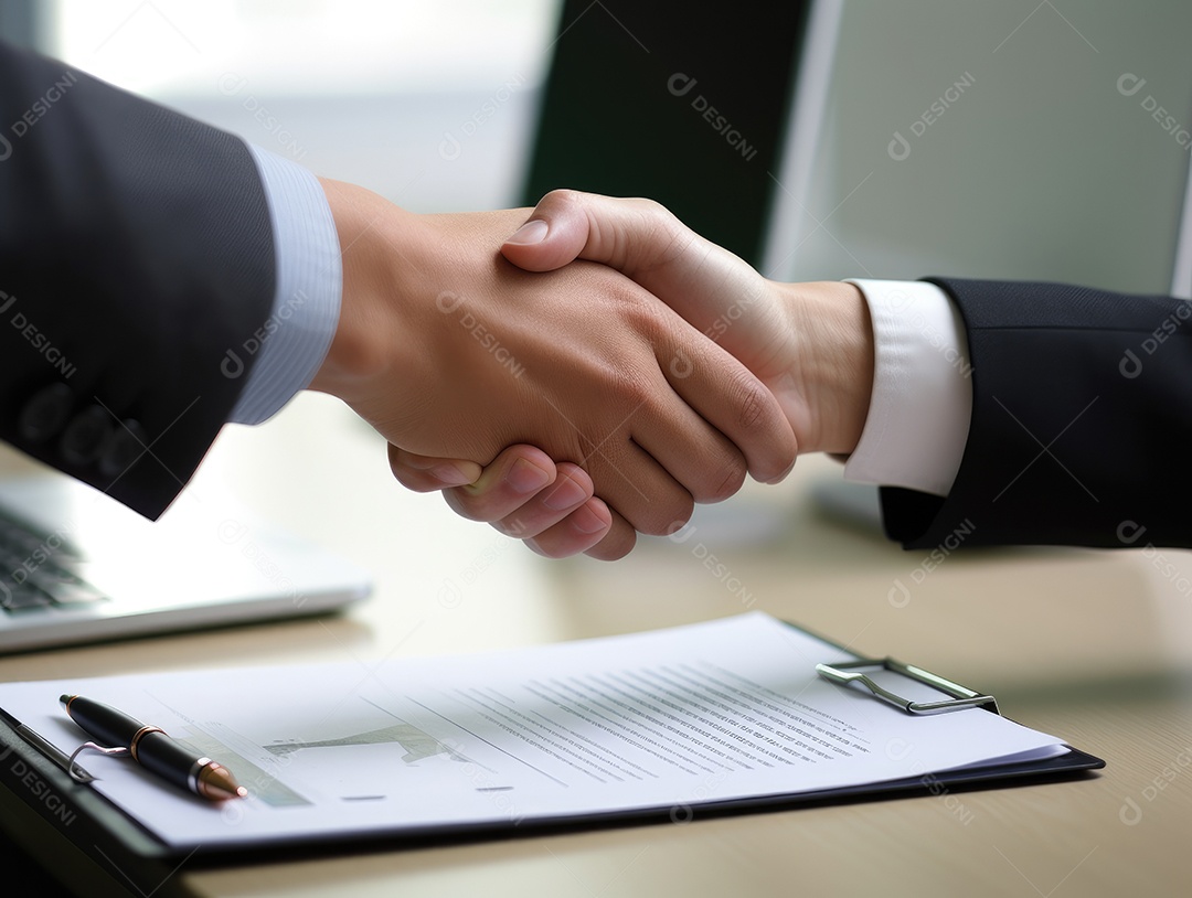 Dois empresários apertando as mãos com fundo de documento. negócio