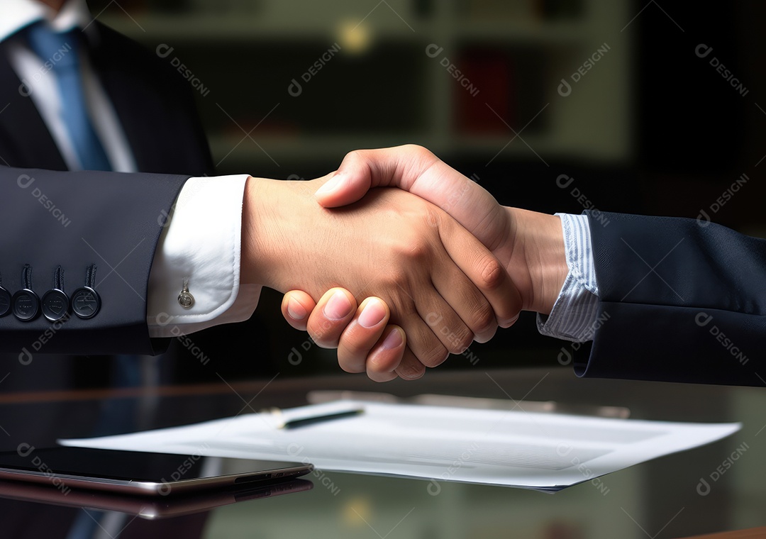 Dois empresários apertando as mãos com fundo de documento. negócio