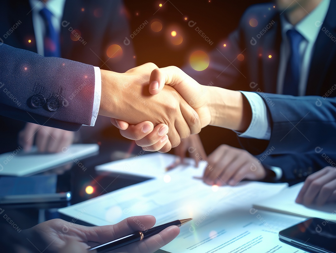 Dois empresários apertando as mãos com fundo de documento. negócio