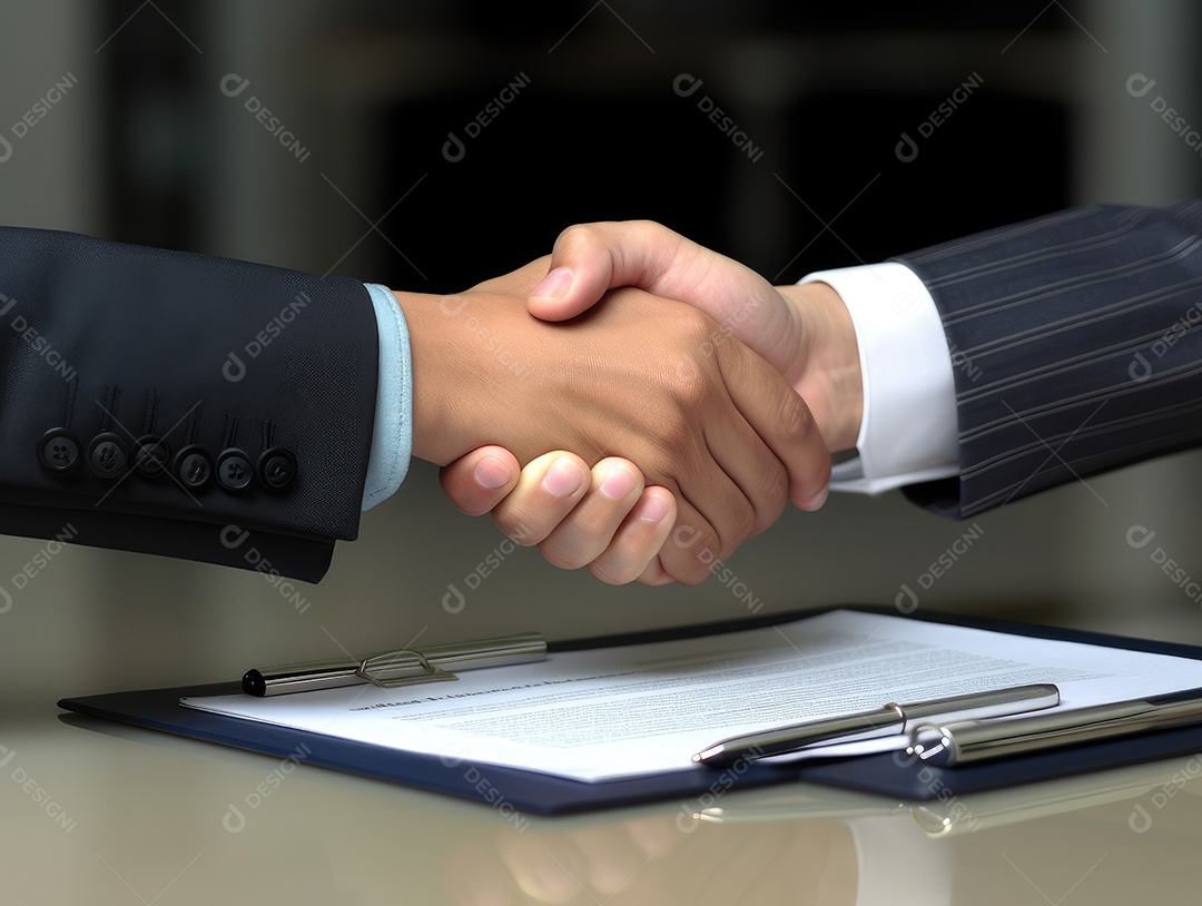 Dois empresários apertando as mãos com fundo de documento. negócio