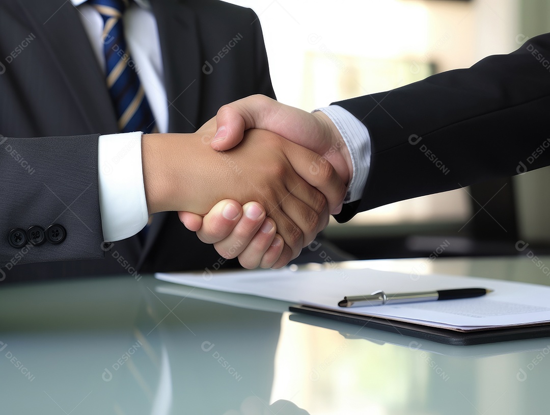 Dois empresários apertando as mãos com fundo de documento. negócio