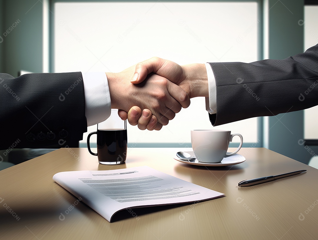 Dois empresários apertando as mãos com fundo de documento. negócio