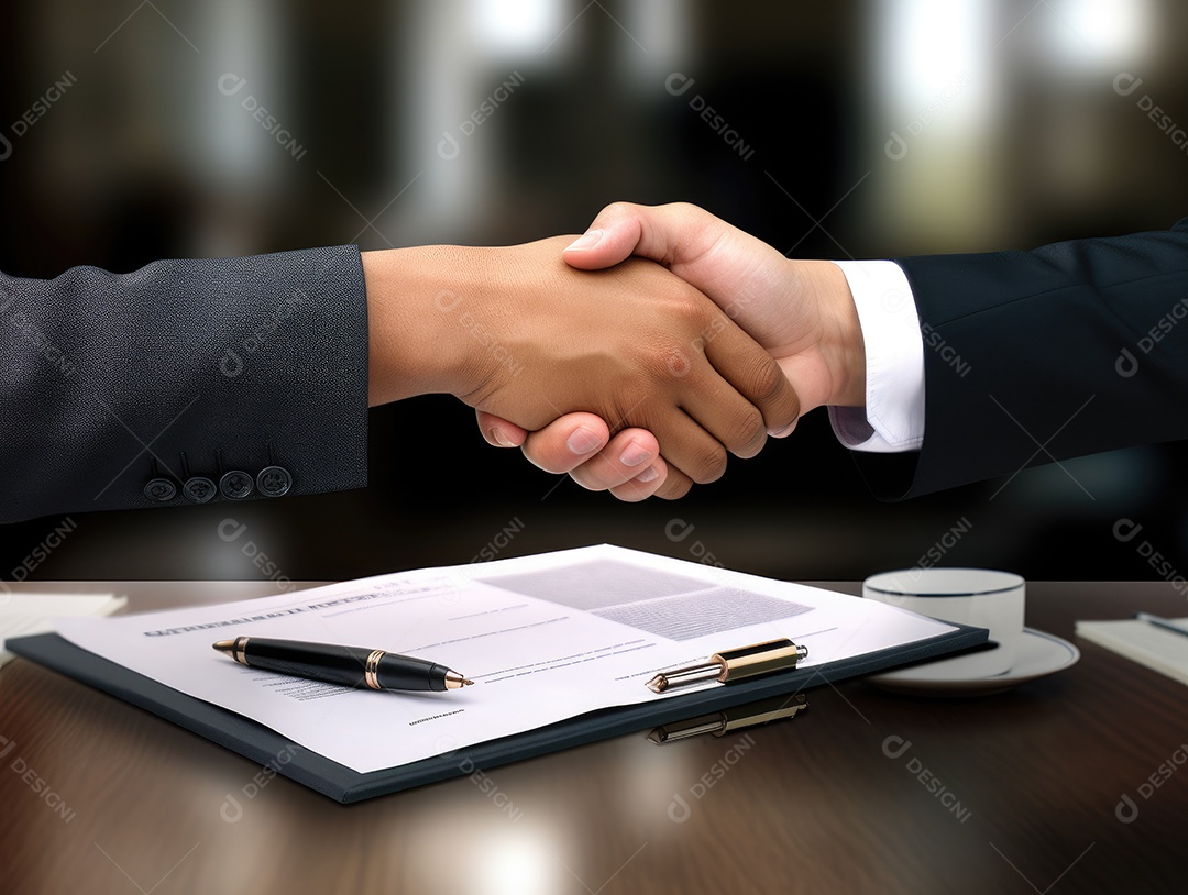 Dois empresários apertando as mãos com fundo de documento. negócio