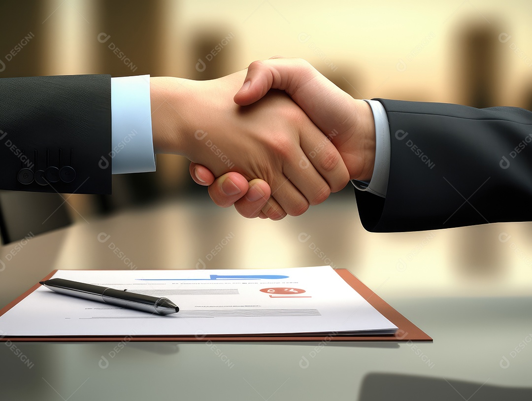 Dois empresários apertando as mãos com fundo de documento. negócio