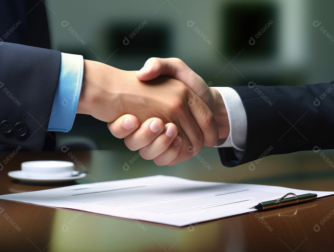 Dois empresários apertando as mãos com fundo de documento. negócio