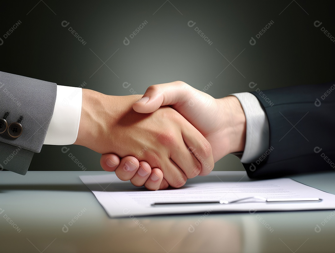 Dois empresários apertando as mãos com fundo de documento. negócio