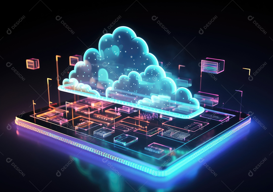 Luz de néon mostrando computação em nuvem no computador tablet. luz de néon mostrando computação em nuvem no computador tablet.
