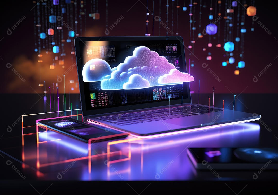 Luz de néon mostrando computação em nuvem no computador tablet. luz de néon mostrando computação em nuvem no computador tablet.