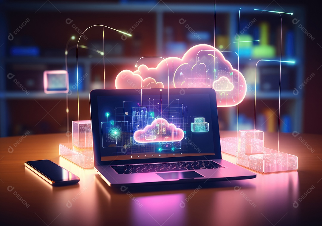 Luz de néon mostrando computação em nuvem no computador tablet. luz de néon mostrando computação em nuvem no computador tablet.
