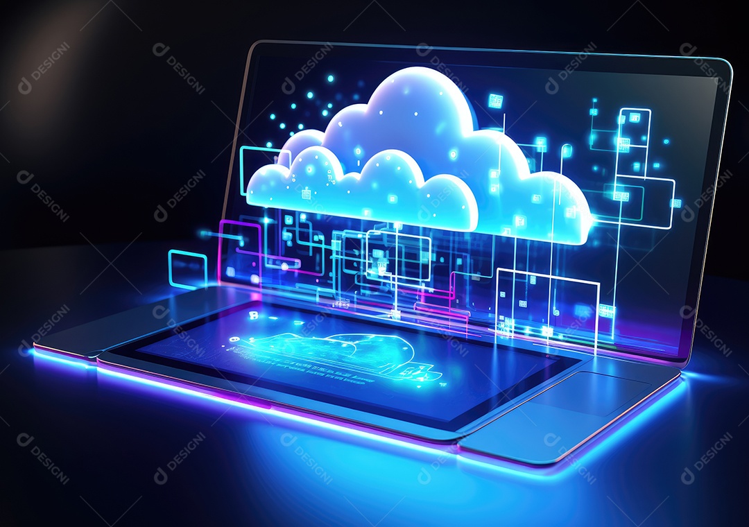 Luz de néon mostrando computação em nuvem no computador tablet. luz de néon mostrando computação em nuvem no computador tablet.