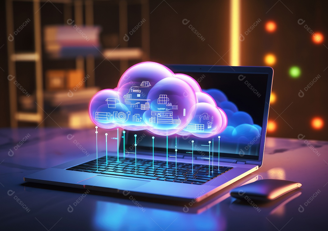 Luz de néon mostrando computação em nuvem no computador tablet. luz de néon mostrando computação em nuvem no computador tablet.
