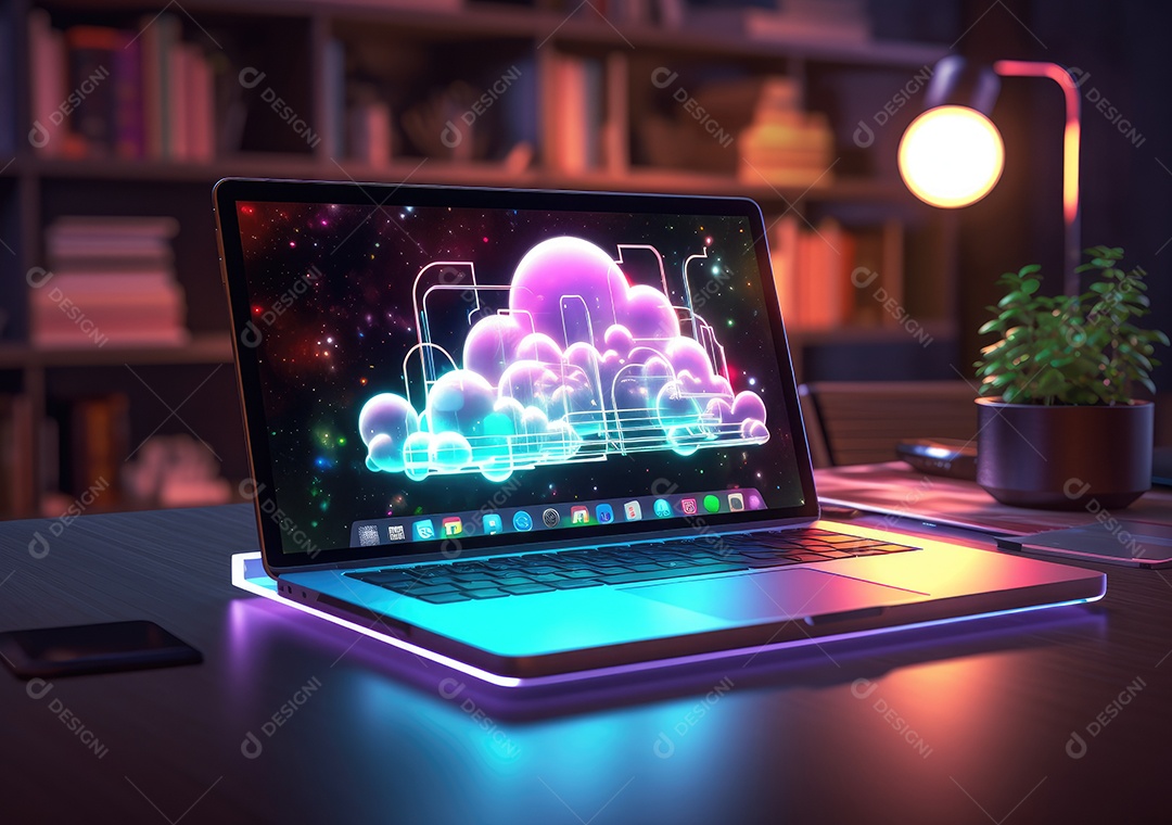 Luz de néon mostrando computação em nuvem no computador tablet. luz de néon mostrando computação em nuvem no computador tablet.