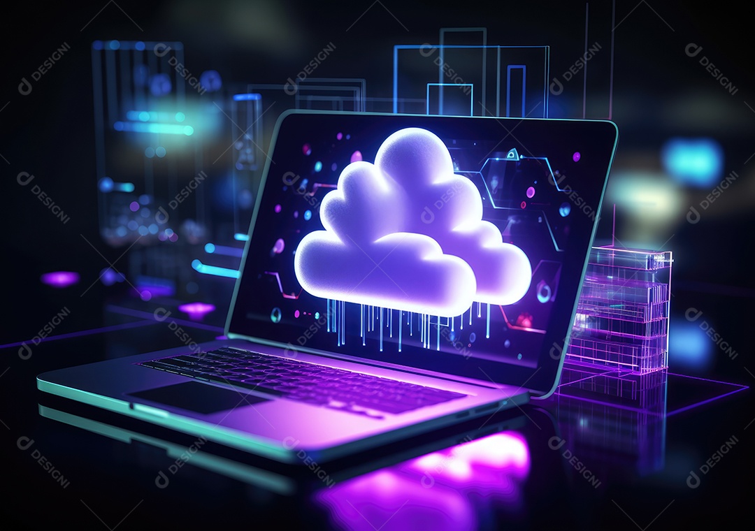 Luz de néon mostrando computação em nuvem no computador tablet. luz de néon mostrando computação em nuvem no computador tablet.
