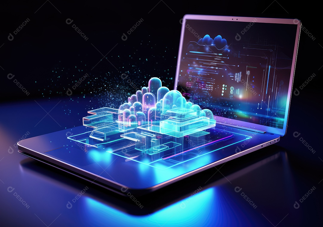 Luz de néon mostrando computação em nuvem no computador tablet. luz de néon mostrando computação em nuvem no computador tablet.