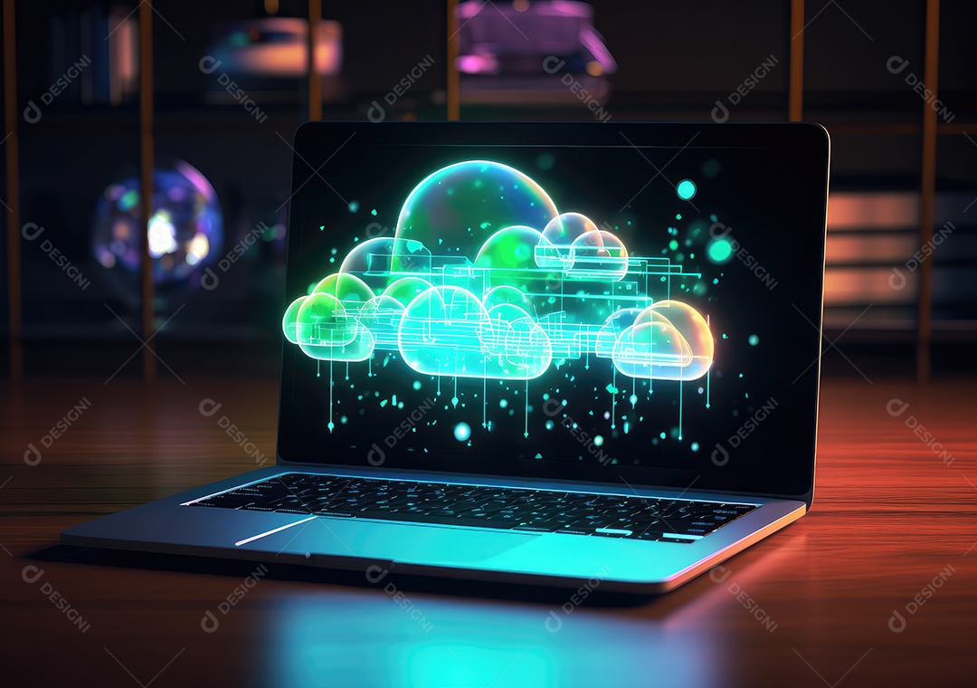 Luz de néon mostrando computação em nuvem no computador tablet. luz de néon mostrando computação em nuvem no computador tablet.