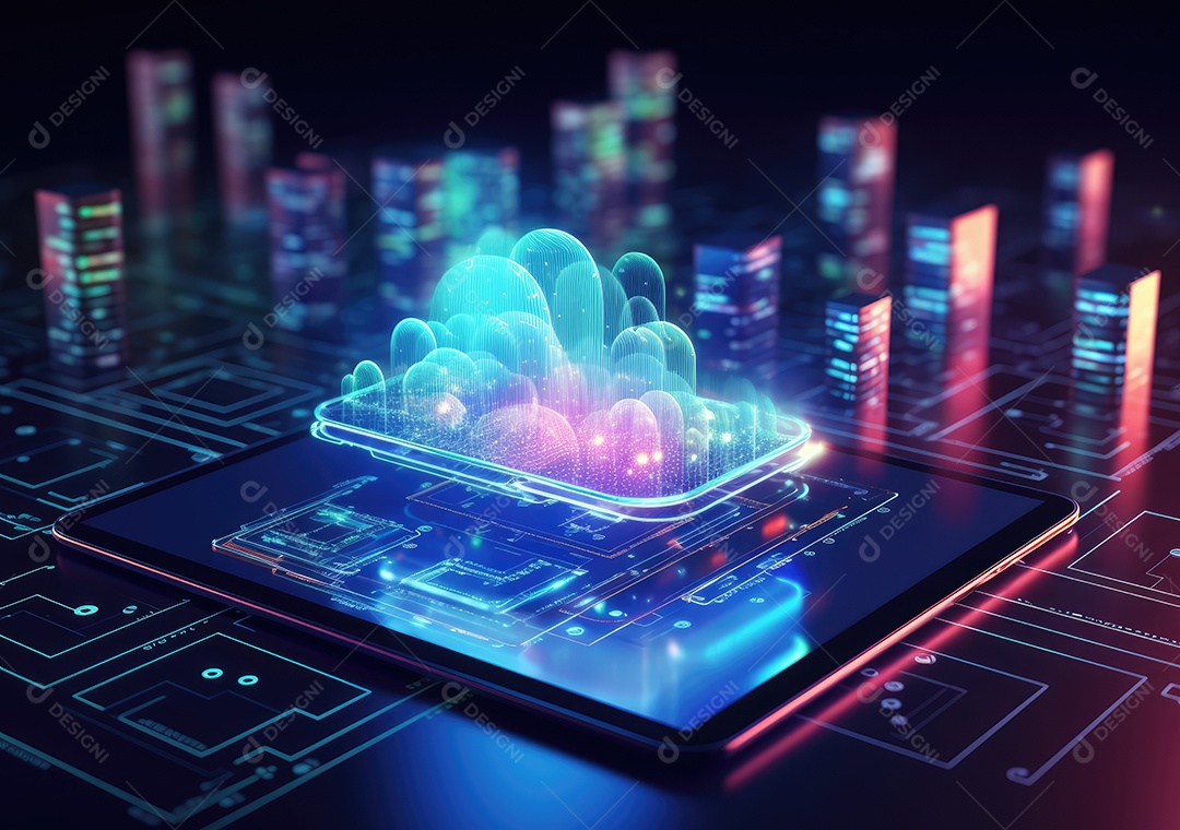 Luz de néon mostrando computação em nuvem no computador tablet. luz de néon mostrando computação em nuvem no computador tablet.