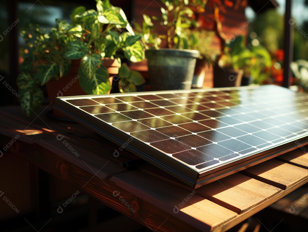 Painel solar moderno no telhado com plantas de manhã, painel solar no telhado vermelho refletindo sol e céu azul sem nuvens.