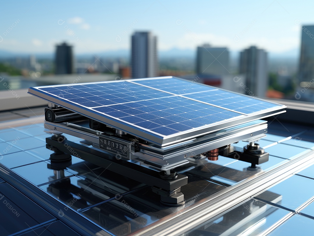 Painel solar moderno no telhado com plantas de manhã, painel solar no telhado vermelho refletindo sol e céu azul sem nuvens.